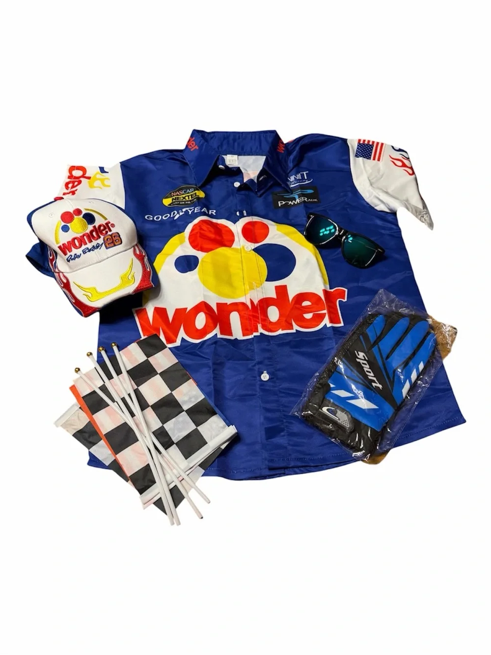 Racing Shirt & Cap Set Ricky Bobby, Talladega Nights costume Mens S/ kids L